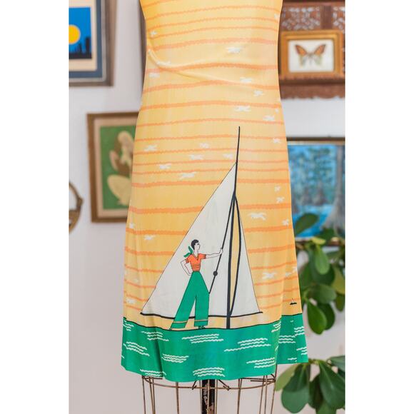 Vintage 60s Sailor Novelty Dress, Yellow Striped Sundress Sailboat Seagulls XS - Picture 8 of 15